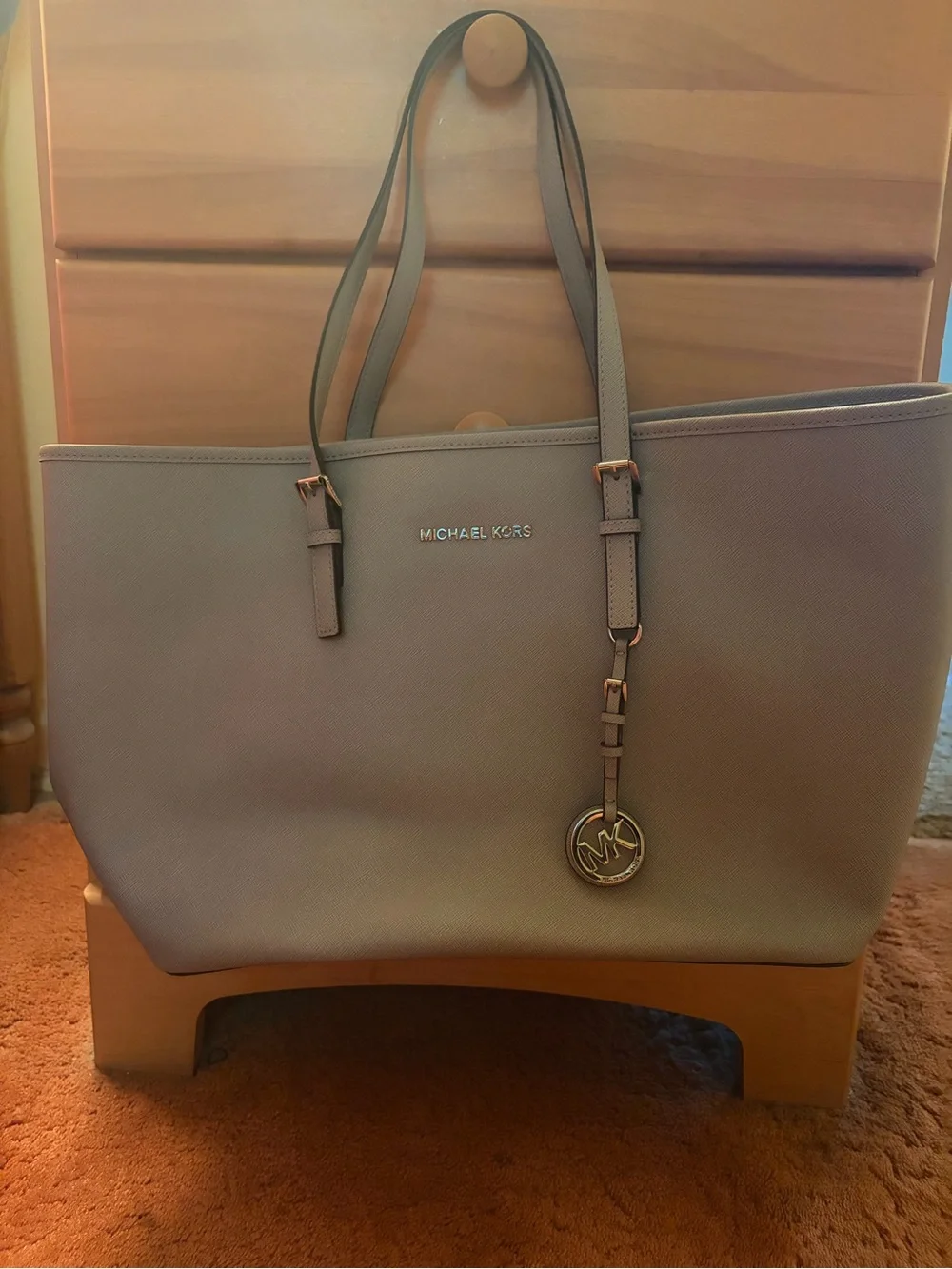 Michael Kors Taupe Saffiano Leather Tote with MK Charm